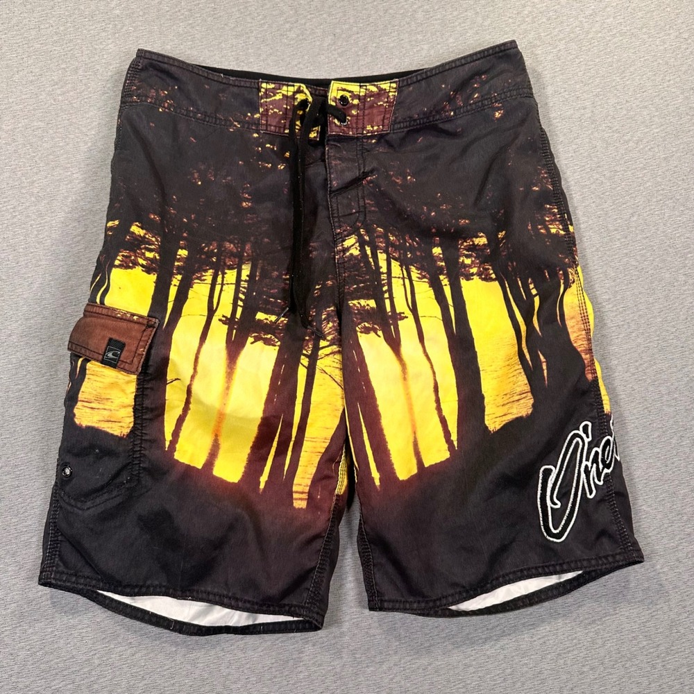 Y2K O'Neill Board Shorts Mens 33x10 Black Sunset Forest‎ Graphic AOP Swim Trunks